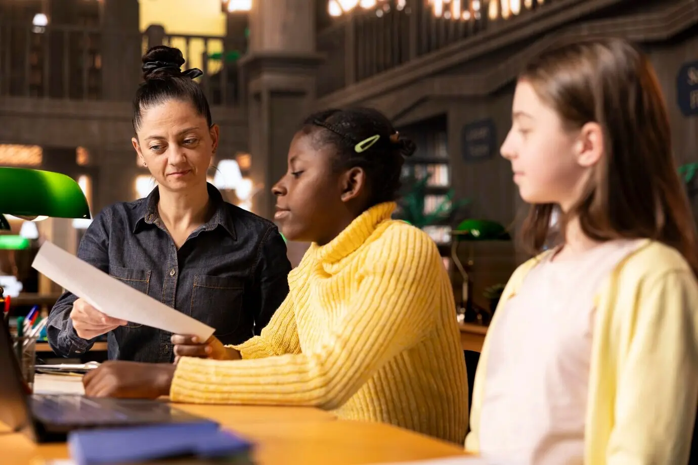 Профессор исправляет домашнюю работу на частных занятиях с учениками.